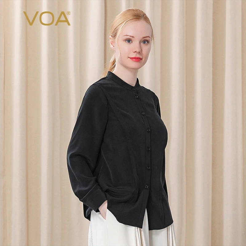 

VOA Autumn Black Stand-up Collar Epaulettes Long-sleeved Single-breasted Mulberry Silk Crepe De Chine Shirt Womens Tops BE250