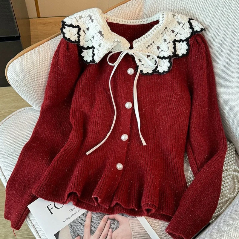 Женский однобортный Кардиган с воротником Питер Пэн винтажный трикотажный