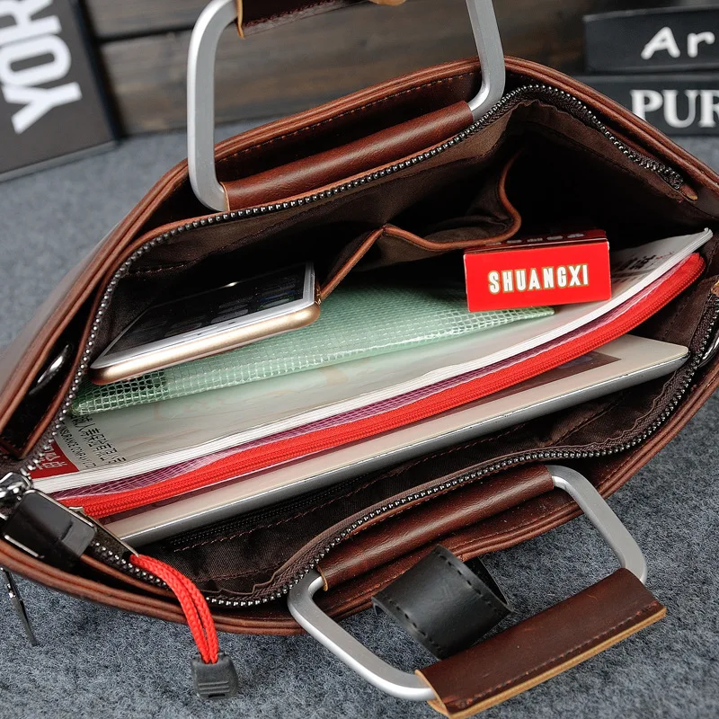 Vintage PU Leather Men's Handbag Business Briefcase For Document Large Capacity File Bag Fashion Shoulder Messenger Bag