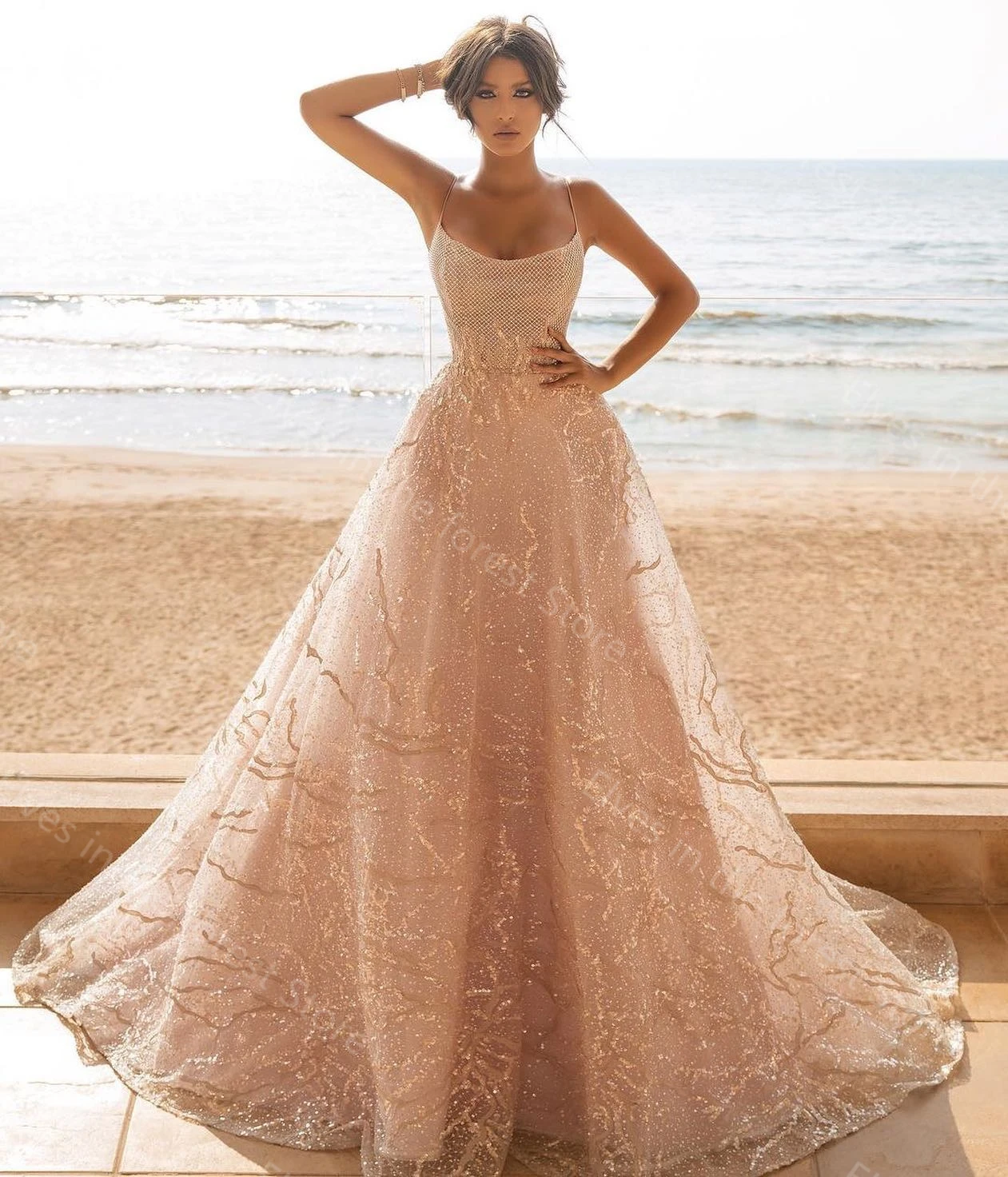 

Vintage A Line Prom Dresses Sexy Shiny Appliques Sequins Sleeveless Evening Gowns Arabic Tulle Formal Lace Birthday Party Dress