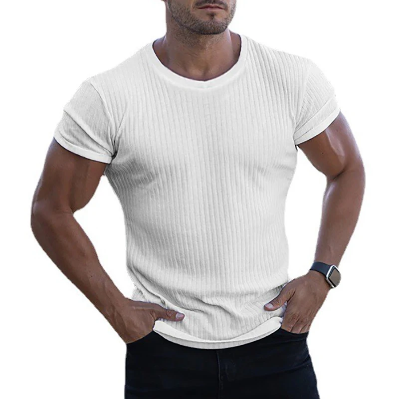 

Knitted Stripes Gym Running Mens Summer Short Sleeve Sports Style Fashion T-shirt Bodybuilding Fitness Workout Slim Fit T-shirt