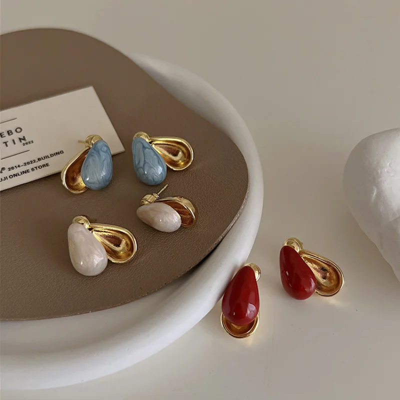 

Minar Minimalist Colorful Enamel Bean Stud Earrings for Women 18K Gold Metallic Water Drop Geometrical Earring French Jewelry