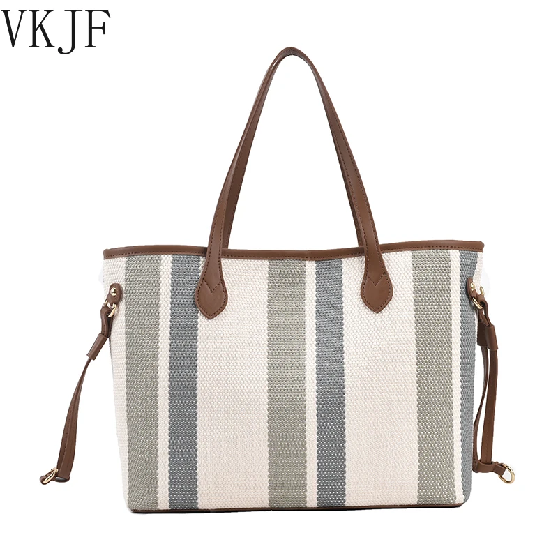 

2 Pcs High Capacity Canvas Shoulder Bag For Women 2022 Fashion Striped Handbags Female Travel Fashion Shopping Purses