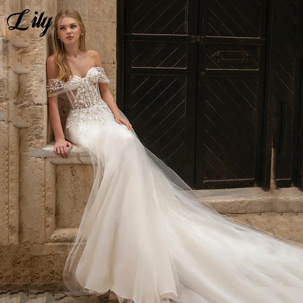 

Sexy Illusion Top Lace Appliques Beading Modern Wedding Dress Sweetheart Off The Shoulder Short Sleeves Bride Gowns Custom Size