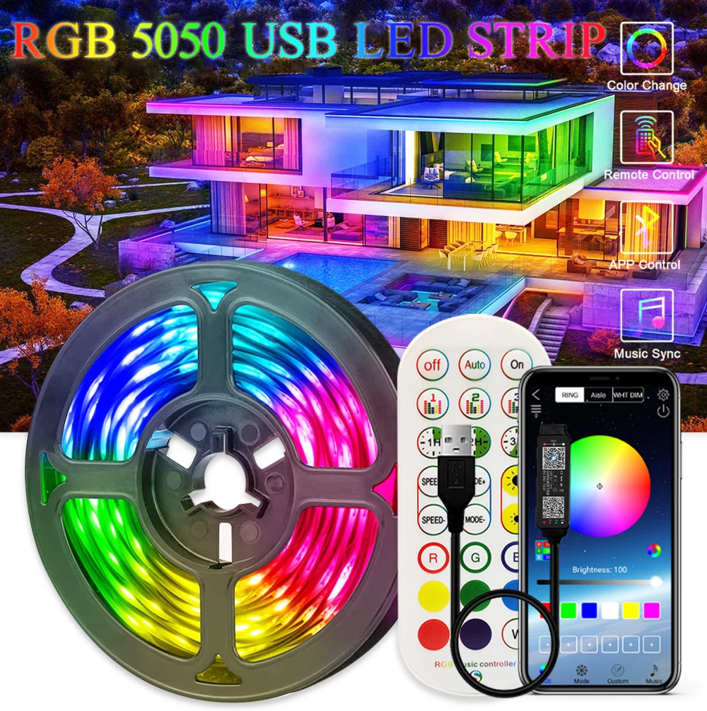 USB LED Strip Lights 5050 Bluetooth Control DC 5V RGB Tape Ribbon Flexible Lamp For Festival Room Party TV BackLight Decoration |