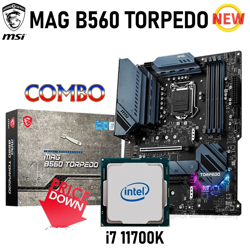 

LGA 1200 MSI MAG B560 TORPEDO Motherboard Set + Intel i7 11700K Combo DDR4 128GB M.2 PCI-E 4.0 B560 Placa-mãe Kit Desktop B560