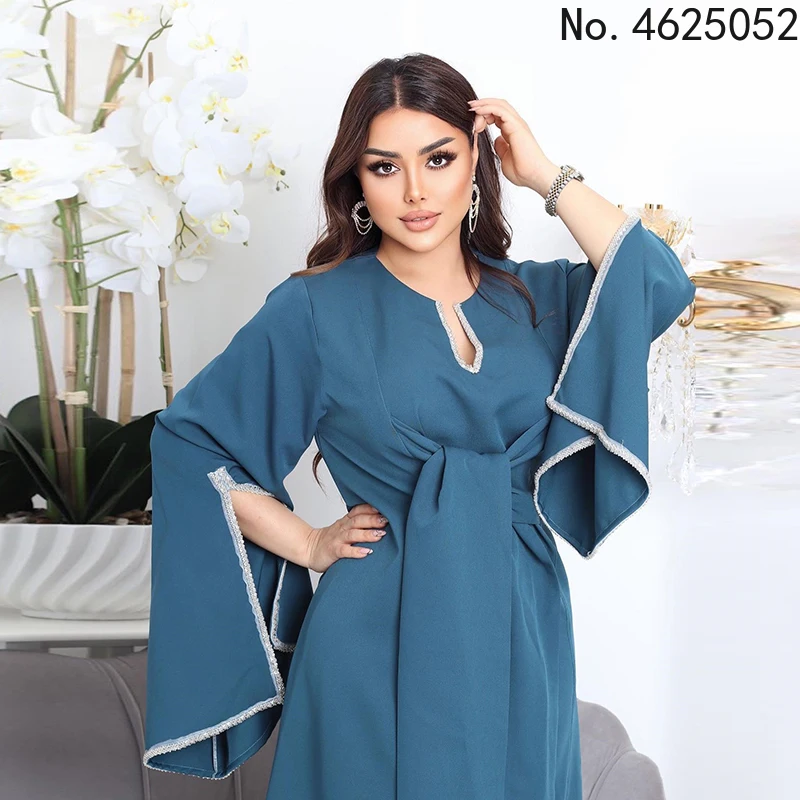

Muslim Woman Dress Ramadan Elegant Abaya Dubai Belt Solid Party Dress 2022 Flare Sleeve Female Casual Loose Vestidos Robe