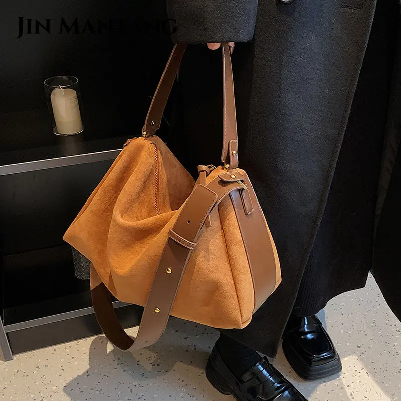 

Европейская американская большая сумка для женщин 2023, новая роскошная брендовая дизайнерская женская сумка через плечо, замшевая повседневная женская черная сумка через плечо