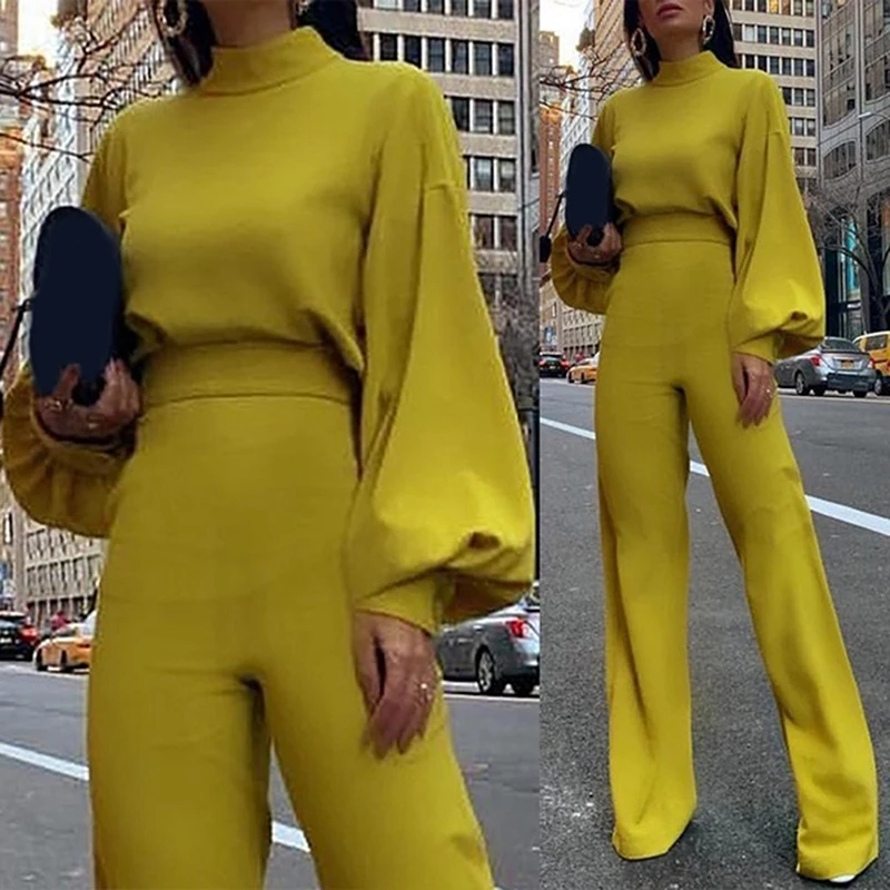 

Turtleneck Office Lady Yellow Jumpsuit For Women 2022 Black White Wide Leg Jumpsuits Spring Autumn Playsuit Long Sleeve Overalls