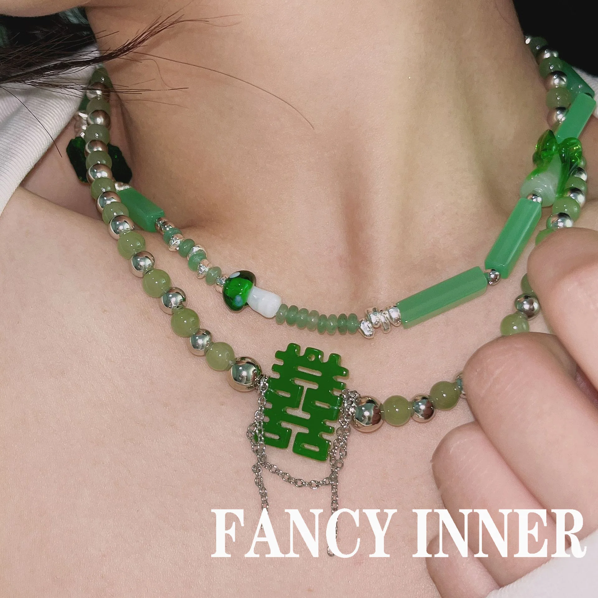 2022 novo verde colar de pedra natural frisado corrente personagem chinês felicidade vintage punk gargantilha colar para jóias femininas