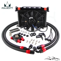 Universal 13 Row Stack Plated Oil Cooler with 10AN Braided Fuel Line + Thermostat Oil Filter Adapter + Electric Fan