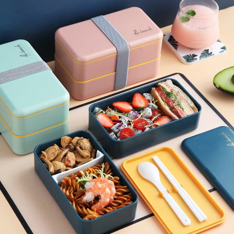 

INS Japanese-style Bento Double-layer Plastic Lunch Box with Tableware Student Adult Compartment Fresh-keeping Worker Food Box