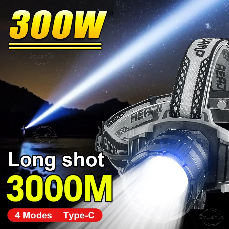 

300W Rechargeable Led Head Flashlight Powerful Headlamp Head Torch Zoom 3000m Rechargeable Led Front Lamp Fishing Hunt Headlamp