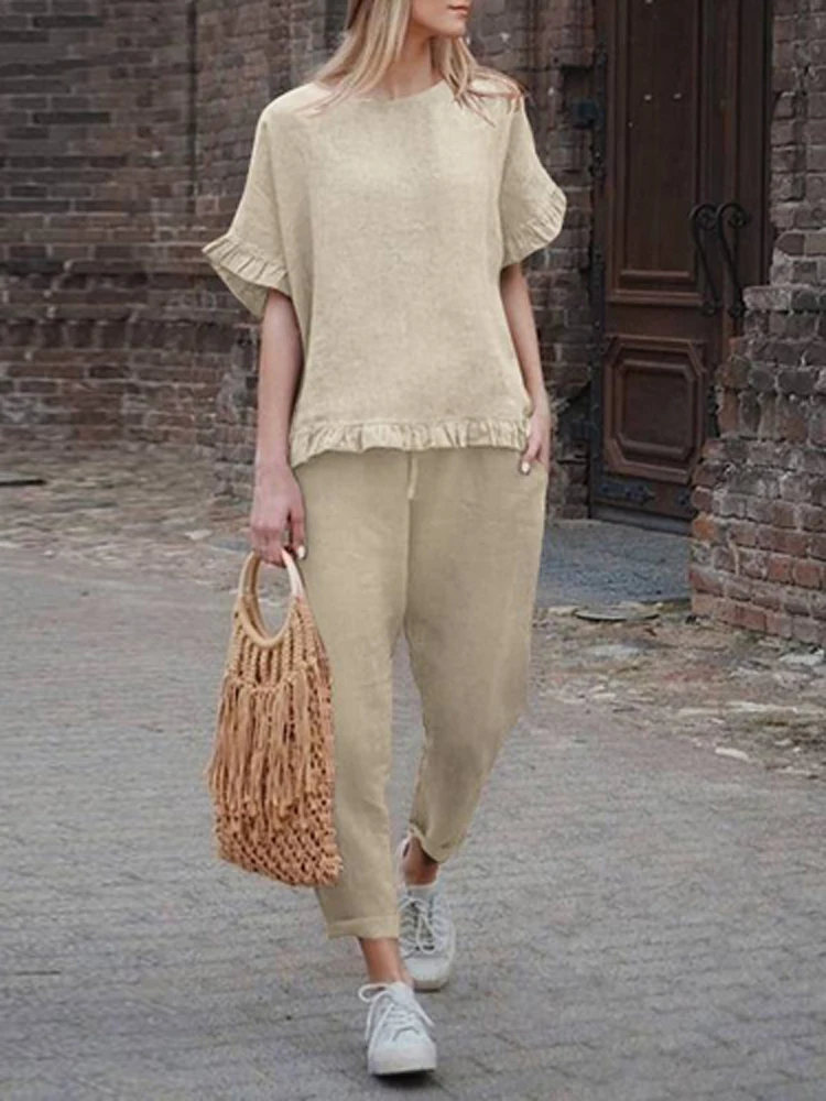 

2022 Casual Suit Women New Retro Solid Short-sleeved T-shirt Trousers Two-piece Summer Loose Tops Pencil Pants Commuter Suit