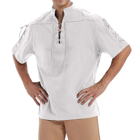 Мужская винтажная рубашка с короткими рукавами, рубашка для косплея в стиле скандинавских пиратов, средневековых и римских стимпанков, одежда для мужчин