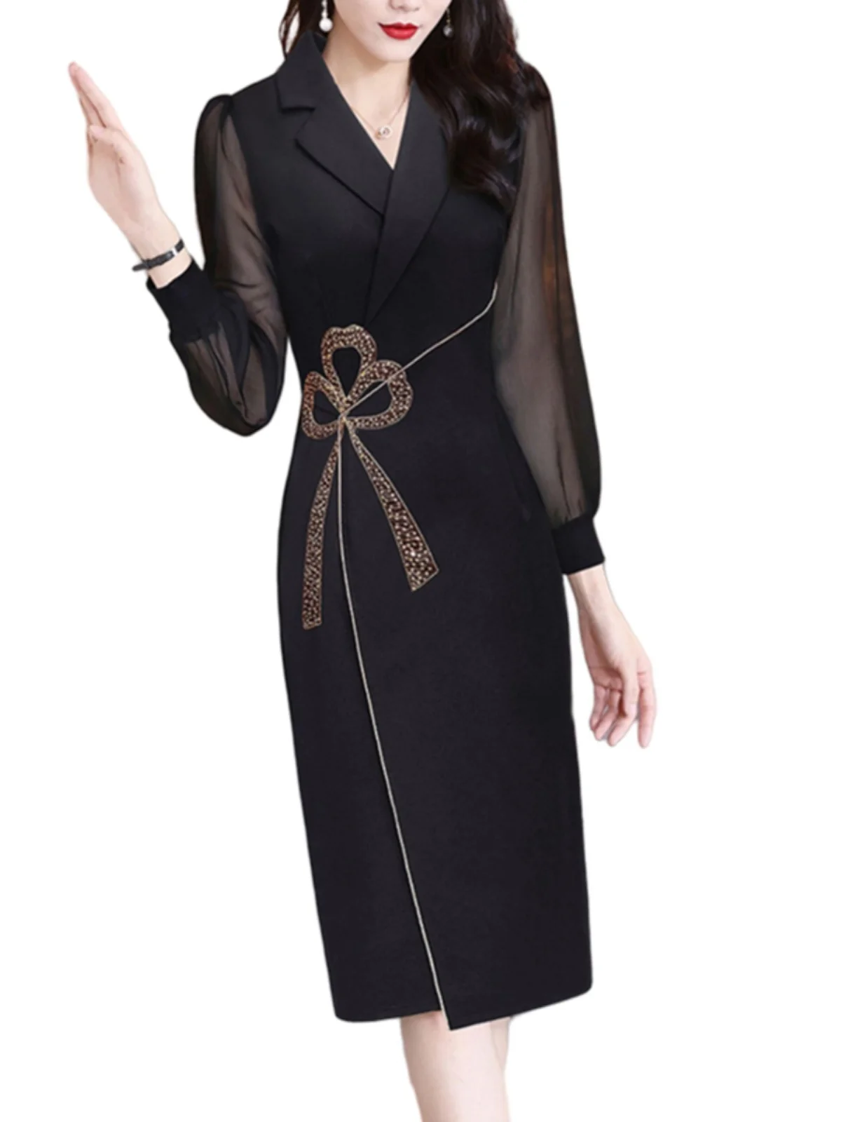 Платье-футляр с воротником-стойкой облегающее миди