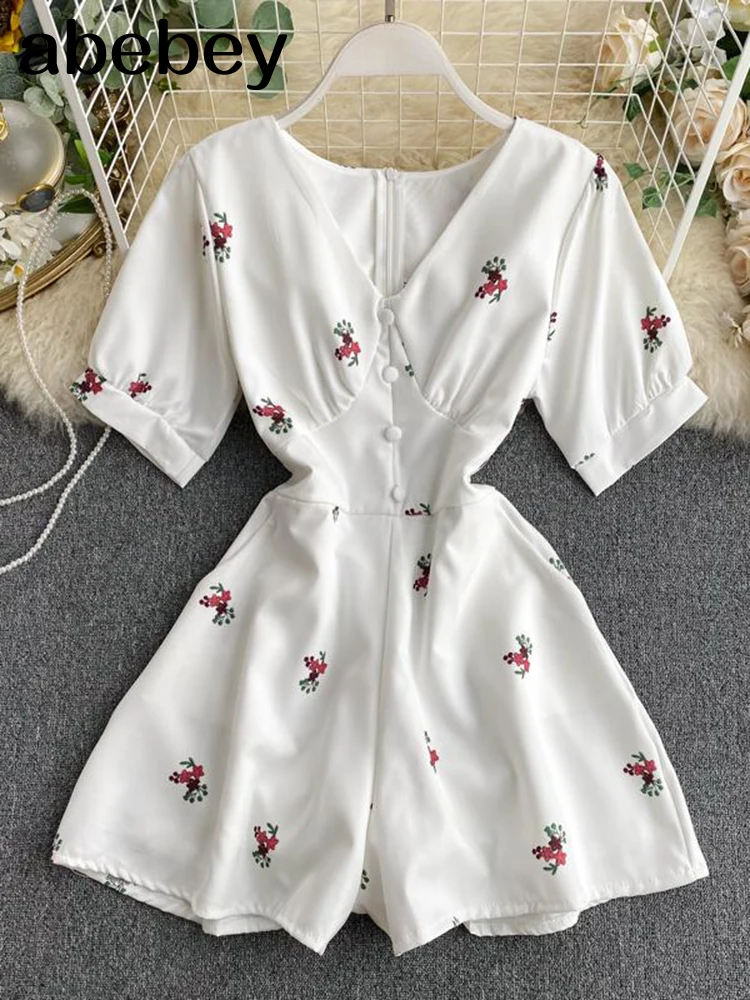 Rompers Womens Jumpsuit Shorts 2023 New Summer Fashion Printed Short Sleeve Slim Casual Overall Female White Bodysuit Korean
