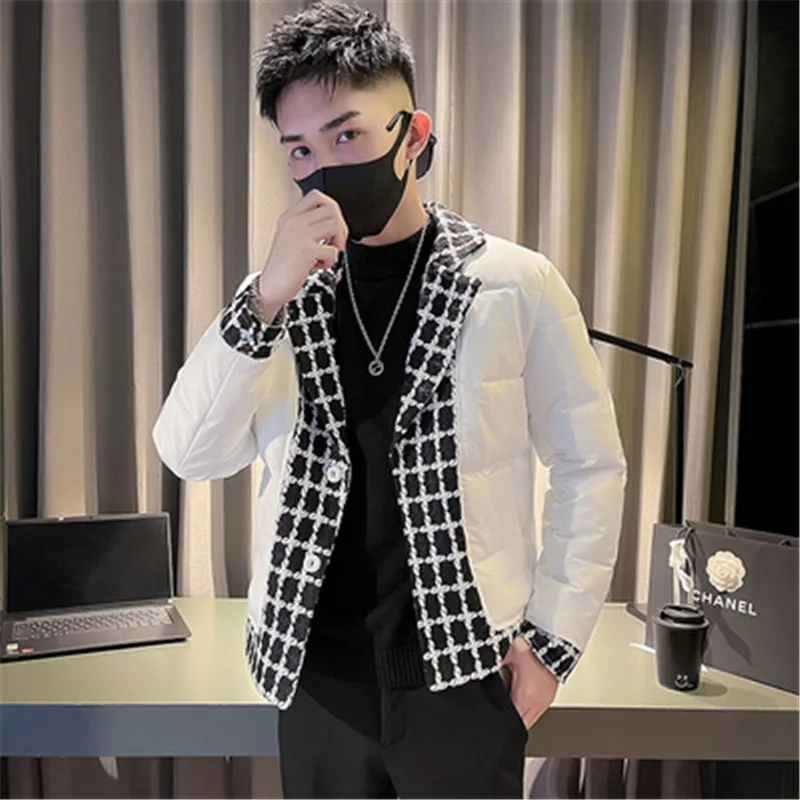 Heated Jacket Winter for Men Overcoat Patchwork Plaid Designer Long Sleeve Lapel Collar Casual Korean Style Parkas Man Clothing