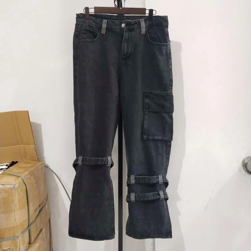 High Street Zipper Lace Jeans Women's Spring 2022 New High Waist Black Straight Loose Multi-pocket Denim Overalls Streetwear