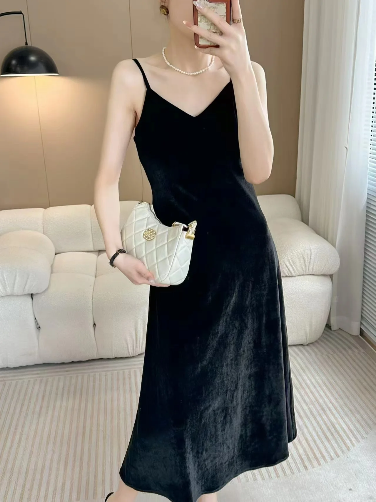 Black Velvet V-neck Sling Dress Women 2024 Autumn New High-Grade Temperament Slimming Inner wear Long Skirt |