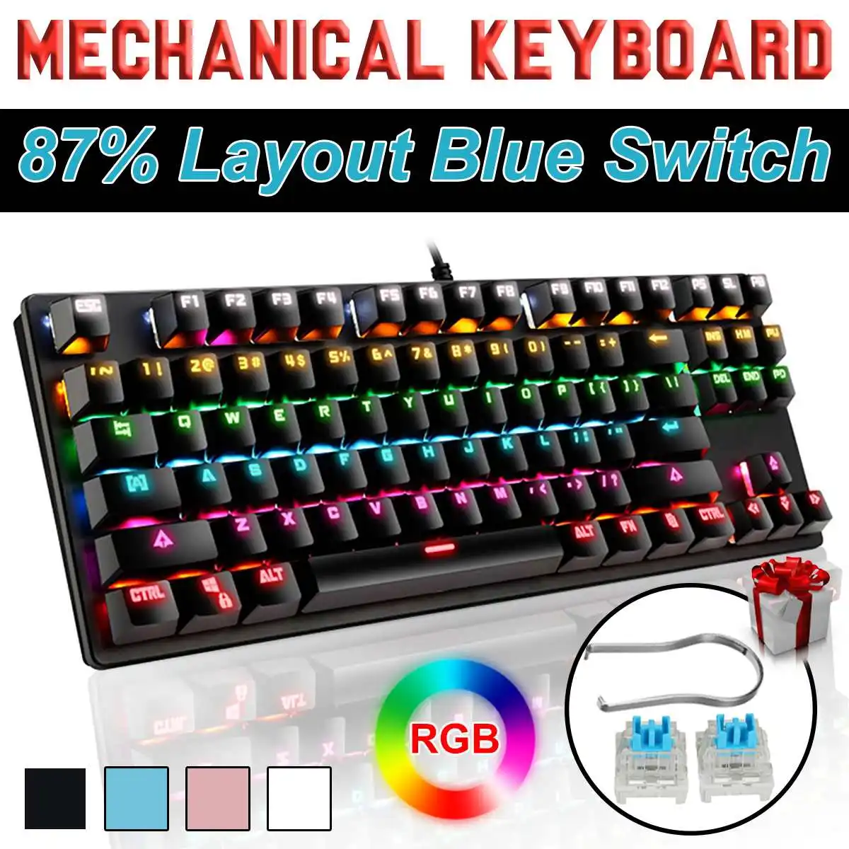 

Механическая Проводная игровая клавиатура, 87 клавиш, подсветка RGB, поддержка горячей замены, для ПК, компьютеров