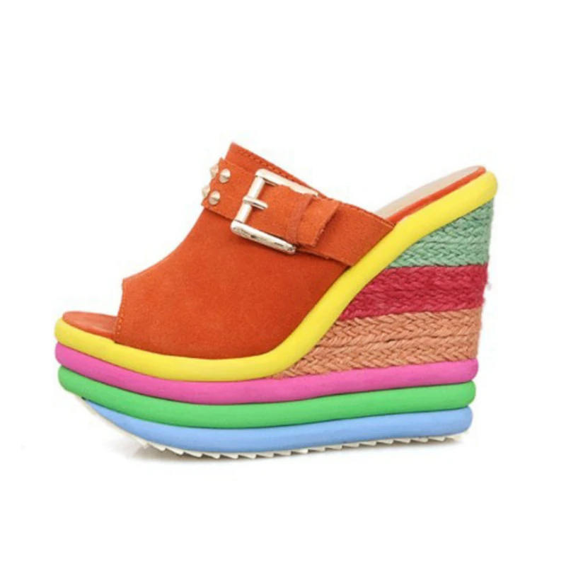 Women Wedges Shoes New Summer Bohemia Casual Rainbow Peep Toe Platform Sandals Slippers Womens Sexy Mules Party High Heels