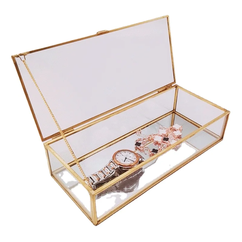

Golden Vintage Glass Lidded Box Edge Bracelet Keepsake Decorative Jewelry Display Personalized Large Clear Rectangle Box Rings