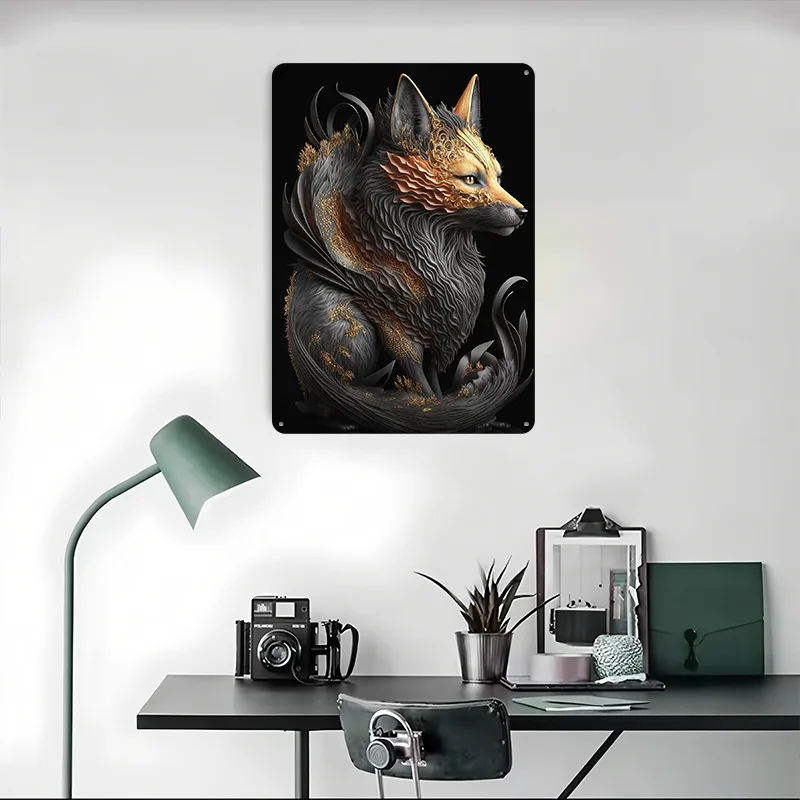 Фото Металлическая табличка Fire Fox Golden Art Deco: винтажный постер из жести, ретро-декор для ванной комнаты и украшения стен №4