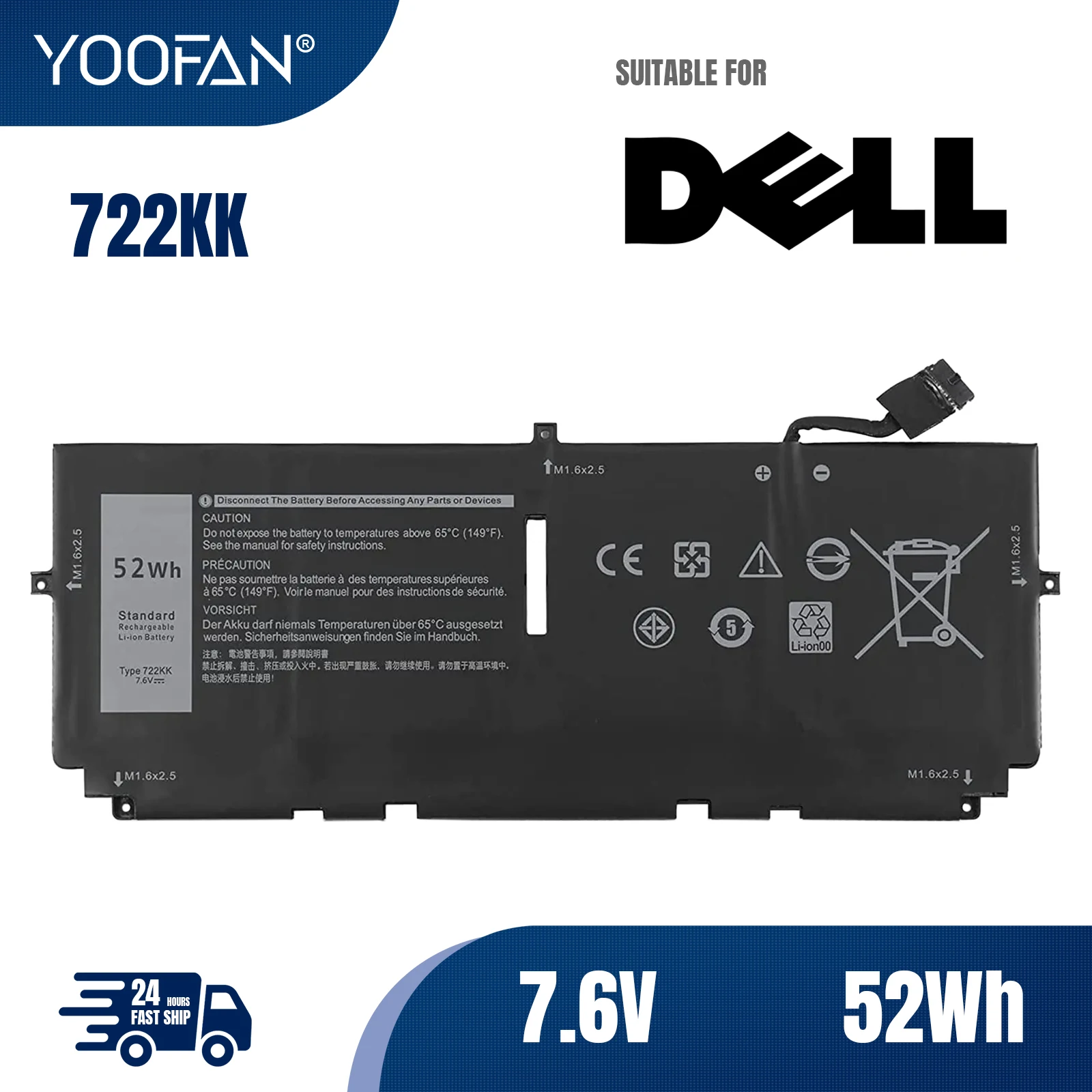 Аккумулятор YOOFAN 722KK для ноутбука DELL XPS 13 9300 9310 9380 Series P117G P117G001 P117G002 2xxfw FP86V WN0N0 7 6 V 52Wh