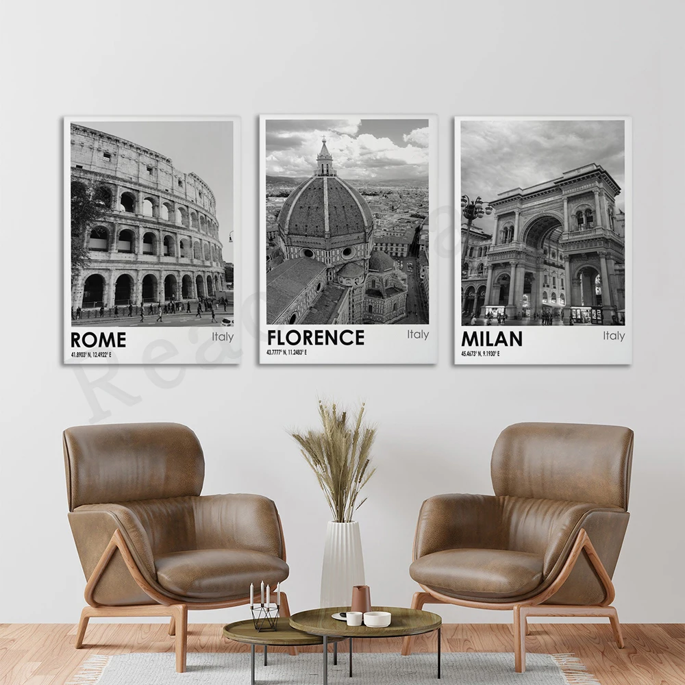 

Florence Rome and Milan Italy city travel photo black and white art poster decorative canvas print