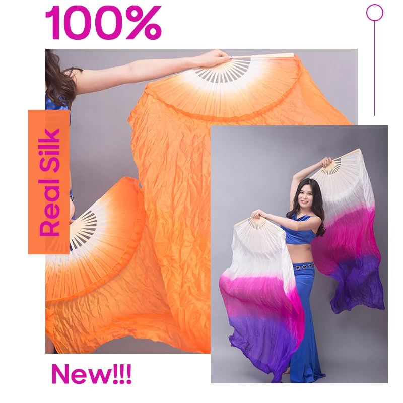

For Kid and Women Belly Dancing Bellydance 1 Pair Gradient Color Dancer Practice Stage Performance 150/180x90cm Real Silk Fans