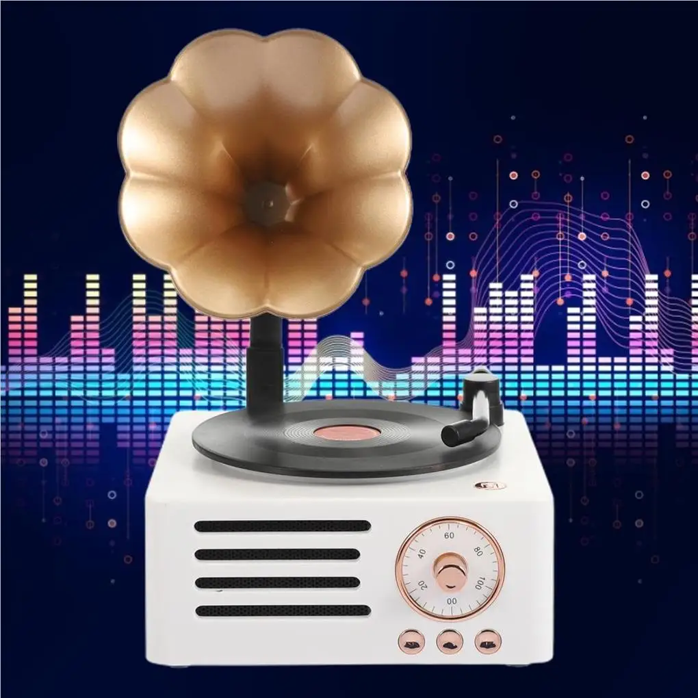 

Retro Mini Phonograph Speaker Rotary Record Music Player Trumpet Shaped Morning Glory Sound Subwoofer Radio Home Blue