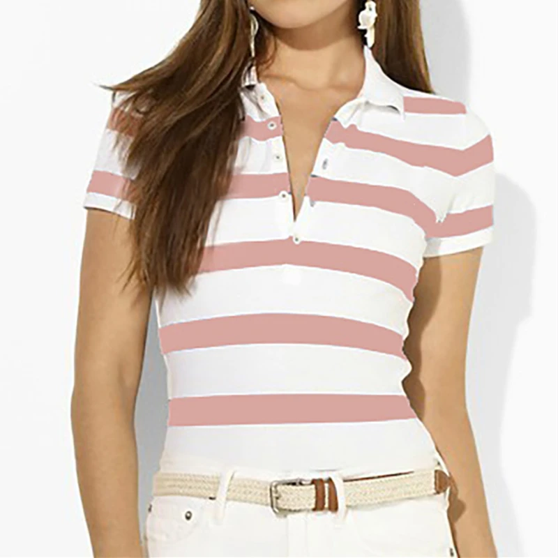

2020 summer Top high Quality stripe Big small Horse Women's Shirt Wear Chemise Femme Casual Short Sleeve Polo Shirts 100%Cotton