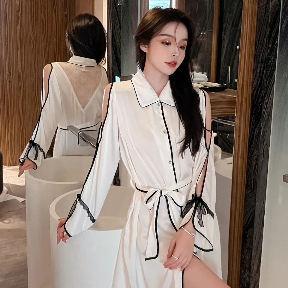 

Ночная рубашка с открытыми плечами, рубашка для сна, домашняя одежда, женская сексуальная ночная рубашка, атласная кружевная одежда для сна в стиле пэчворк, Повседневная Ночная рубашка