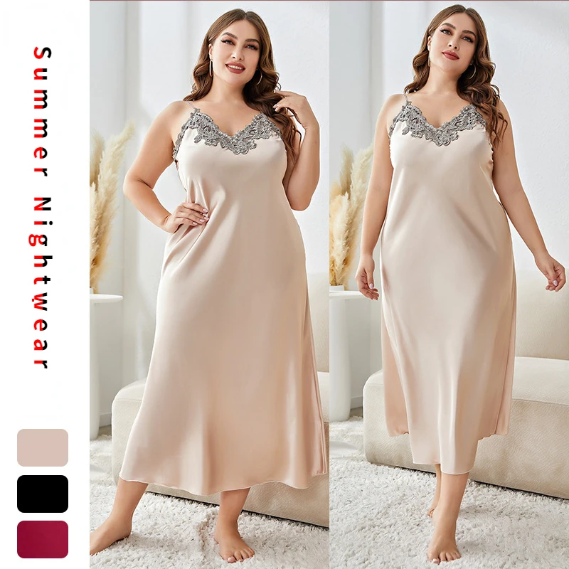 Large Size Sleepshirts Silk Imitation Nightdress Women's Sleep Loose Home Wear Long Sexy Fashion Casual Nightdress Underwear
