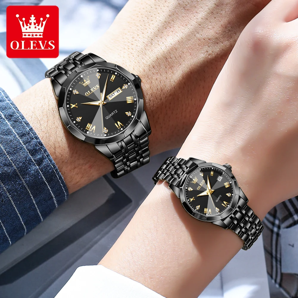 OLEVS New Luxury Women Couple Watch for Men Women Fashion Rhombus Mirror Stainless Steel Strap Week Date Lovers Quartz Watches