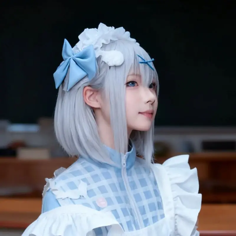 Фото Galgame Kamisama выбор Inori Shirahato Косплей Парик 35 СМ серые синие короткие волосы Синтетический парик + шапочка для парика Парик для Хэллоуина №1