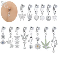 zs 1 piece butterfly flower pendant fake navel piercings cz crystal clip on belly button ring zircon faux body piercing jewelry