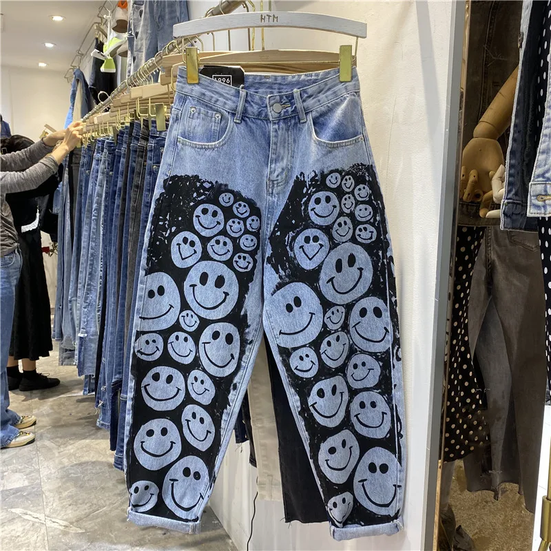 

New Fashion Graffiti Smiley Print Jeans Women Streetwear Loose High Waist Washed Jeans Womens Plus Size Casual Denim Harem Pants