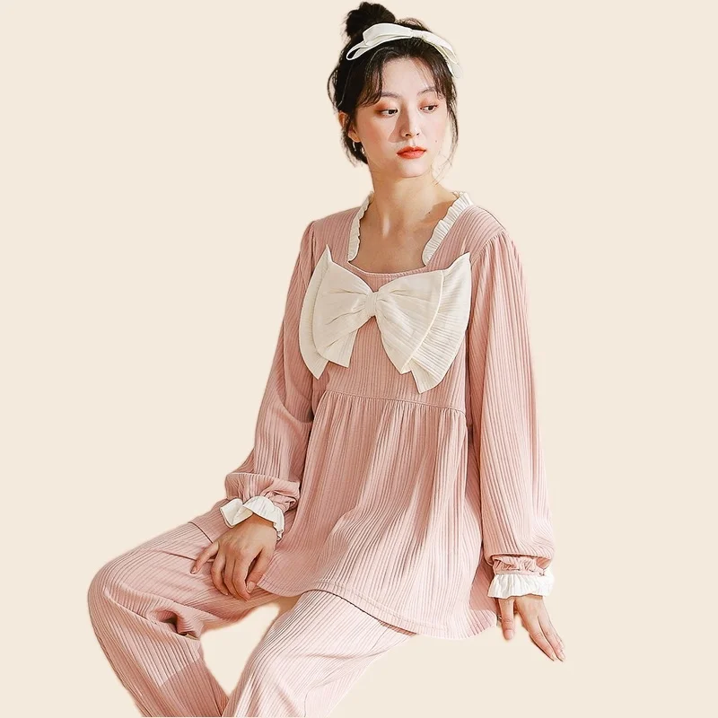 Cute Pajamas Set Full-Sleeve T-shirt Long Pants 2Piece/Set Sexy Big Bow Pyjama Princess Sweet Homewear Cozy Sleepwear Big Size