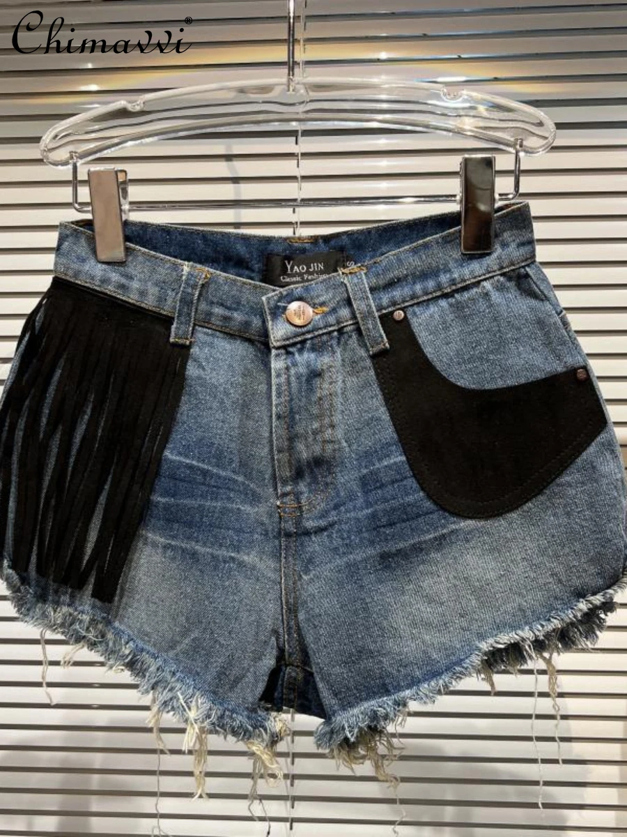 

2022 Summer New Fashion Tassel Pocket Frayed Hem Washed Three-Point Denim Shorts Personality Streetwear Women's Jean Short Pants