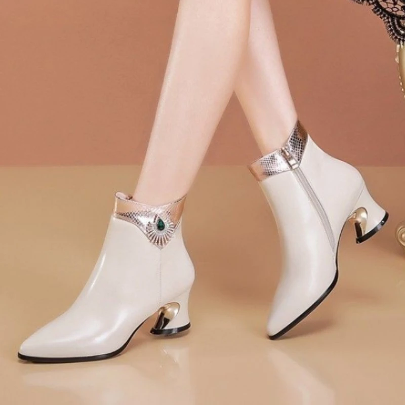 Winter Boots Women's Pu Leather Ankle Boots Ladies Pointed Toe Ankle Boots Side Zip Boots Black Thick Heel Boots