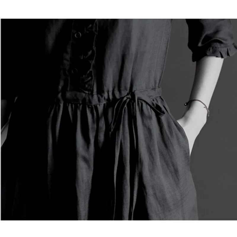 Льняное весенне-летнее женское платье с семиточечным рукавом и воротником