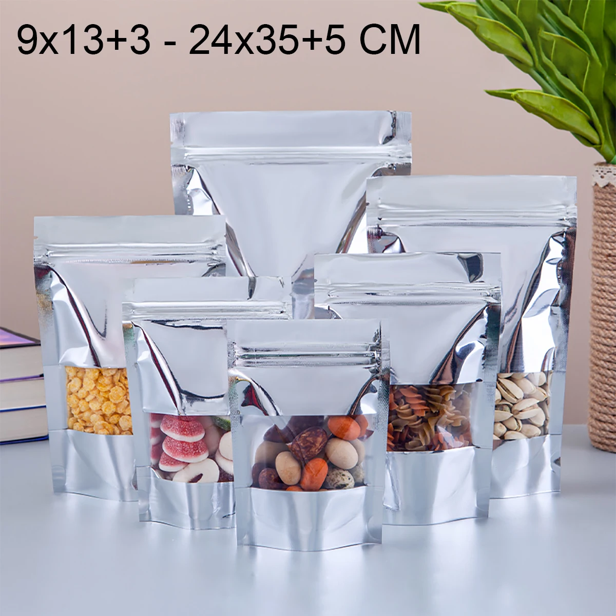 

100Pcs 9x13+3-24x35+5cm Aluminum Window Foil Packaging Bag Self-Standing Ziplock Bags Dried Fruits Packaging Sealed Bag