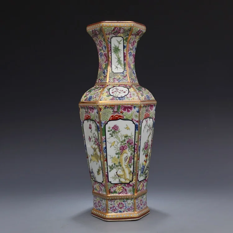 

Jingdezhen antique handicrafts Qing Dynasty qianlong enamel Golden Hexagonal vase antique collection ornaments