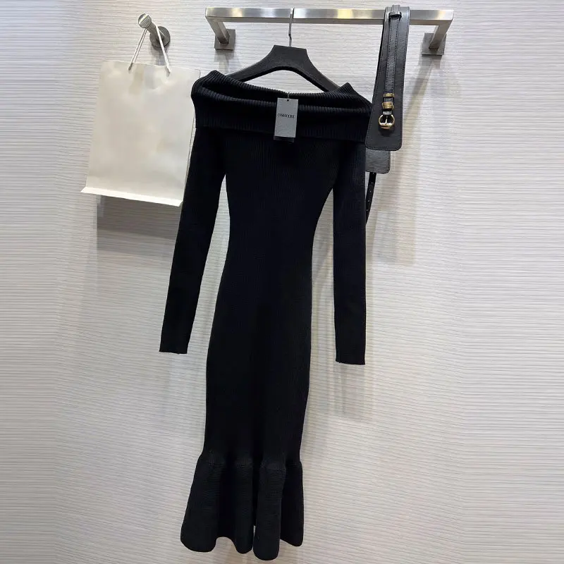 

2023 Fashion New Wool Black Slimming Dresses French Vintage Off Shoulder Bag Hip Dress Elegant Chic Women High Quality Clothes