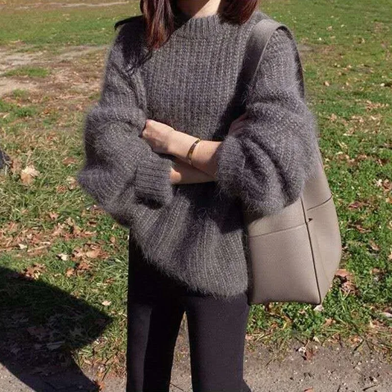 

Женский пуловер с длинным рукавом, повседневный вязаный свитер свободного покроя с круглым вырезом, универсальный пуловер в Корейском стил...