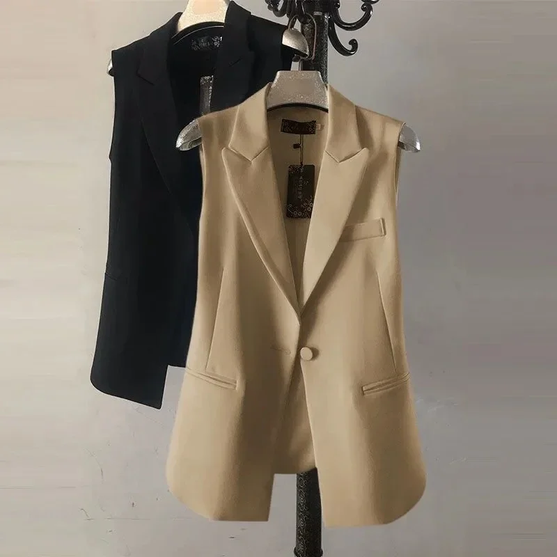 

Korean Blazer Vest Spring Autumn Women Turn-Down Collar Single Button Waistcoat All-Match Office Lady Solid Sleeveless Outwear