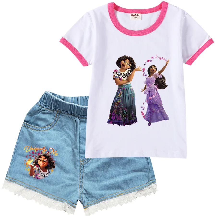 

2022 New Disney Encanto Kids Summer Girls Cotton Short Sleeve T-Shirt + Denim Shorts Set Birthday Gift 2 Piece Set