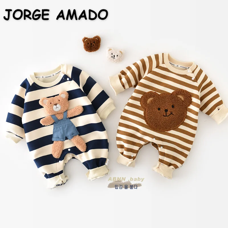 

Korean Style Spring Autumn Baby Girl Boy Rompers Cute Bear Appliques Stripe O-neck Long Sleeve Jumpsuit Newborn Clothes E23077